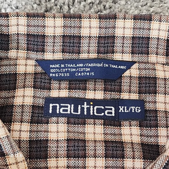 Vintage Nautica Shirt Men's XL Brown Tan Striped Long Sleeve Casual Pocket Logo - Picture 4 of 12